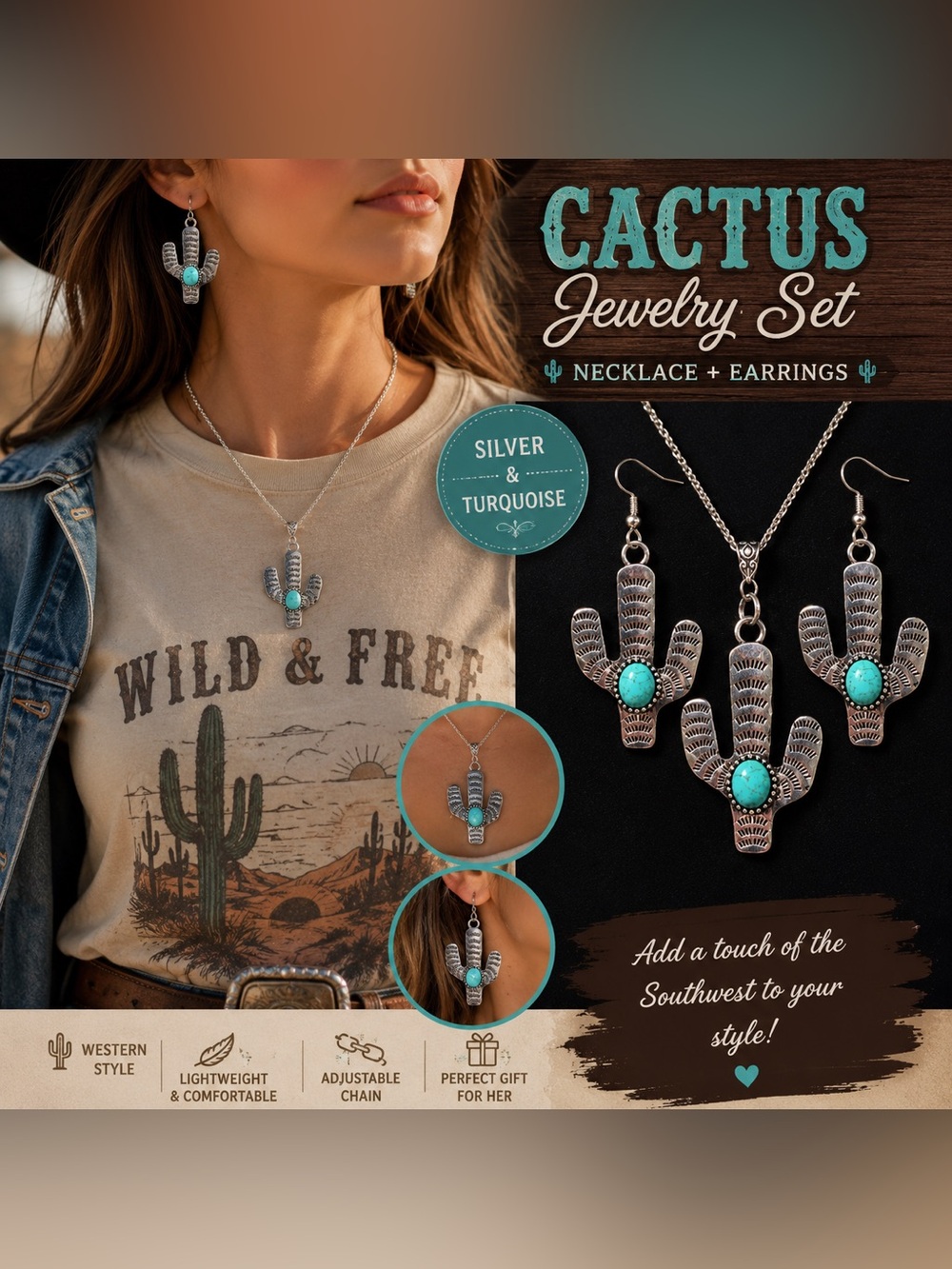 Western Turquoise Cactus Necklace & Earrings Set Boho Cowgirl Southwestern Jewel